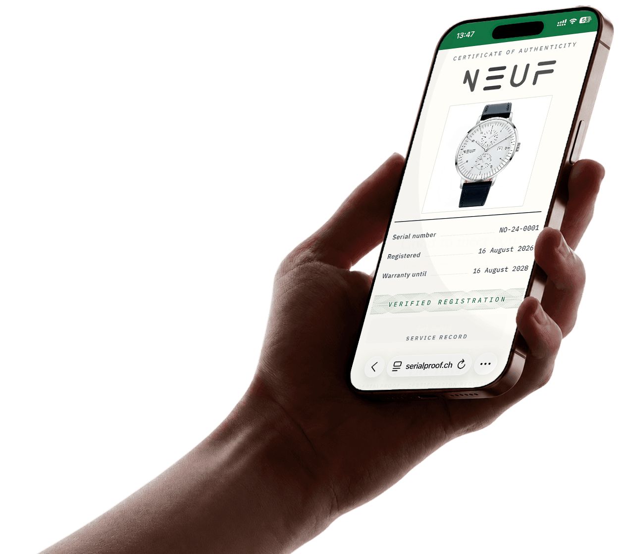 SerialProof watch certificate opened on a smartphone